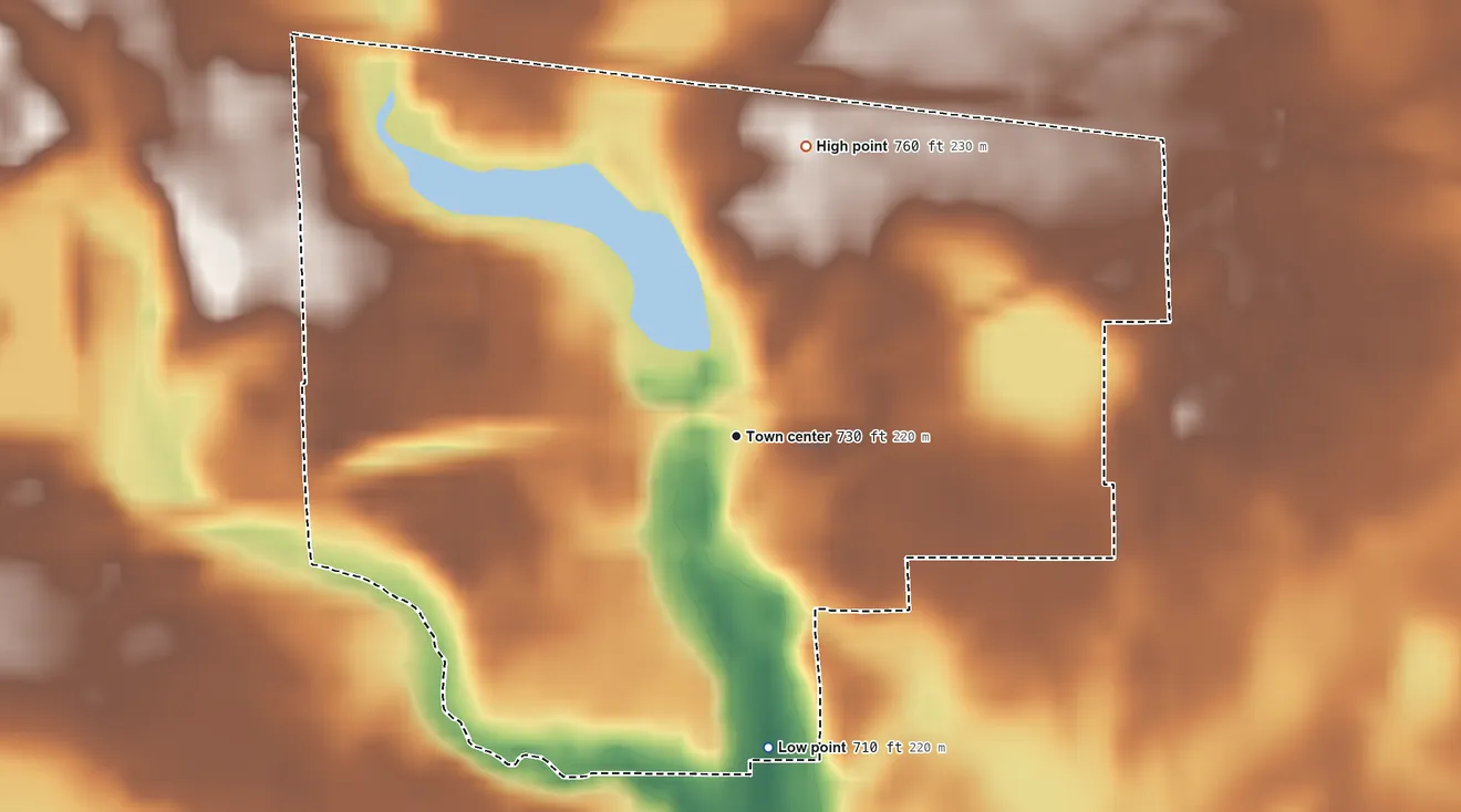 Topographic elevation map of Union Mills, Indiana, shaded from 710 ft on the south side to 760 ft on the north side