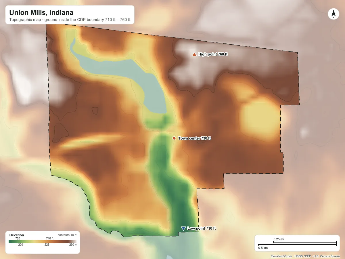 Topographic elevation map of Union Mills, Indiana, shaded from 710 ft on the south side to 760 ft on the north side