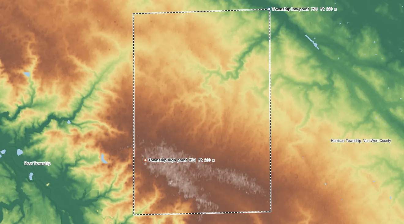 Topographic elevation map of Union Township, Adams County, Indiana, shaded from 790 ft on the northeast side to 850 ft on the southwest side