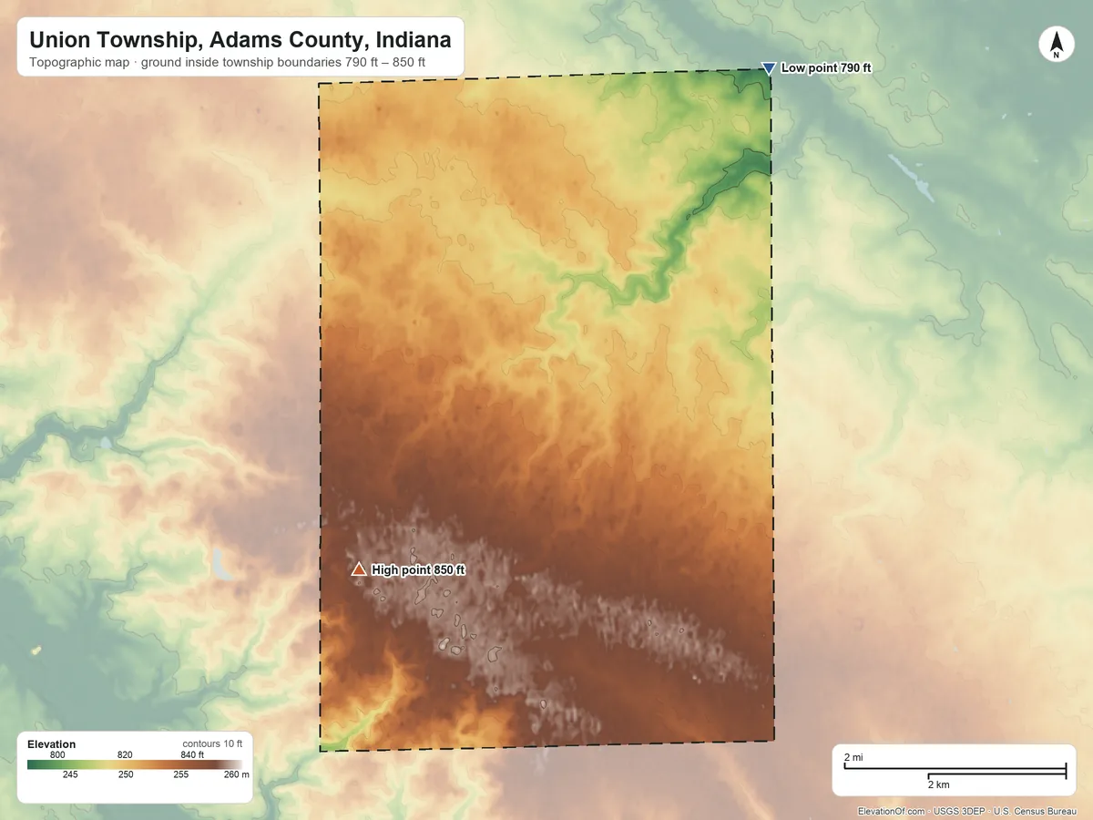Topographic elevation map of Union Township, Adams County, Indiana, shaded from 790 ft on the northeast side to 850 ft on the southwest side