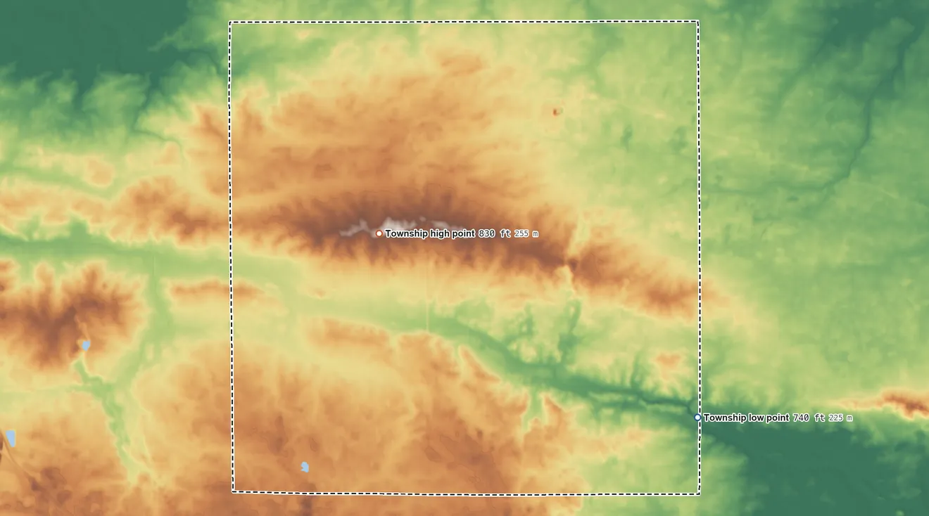 Topographic elevation map of Union Township, Benton County, Indiana, shaded from 740 ft on the southeast side to 830 ft near the middle