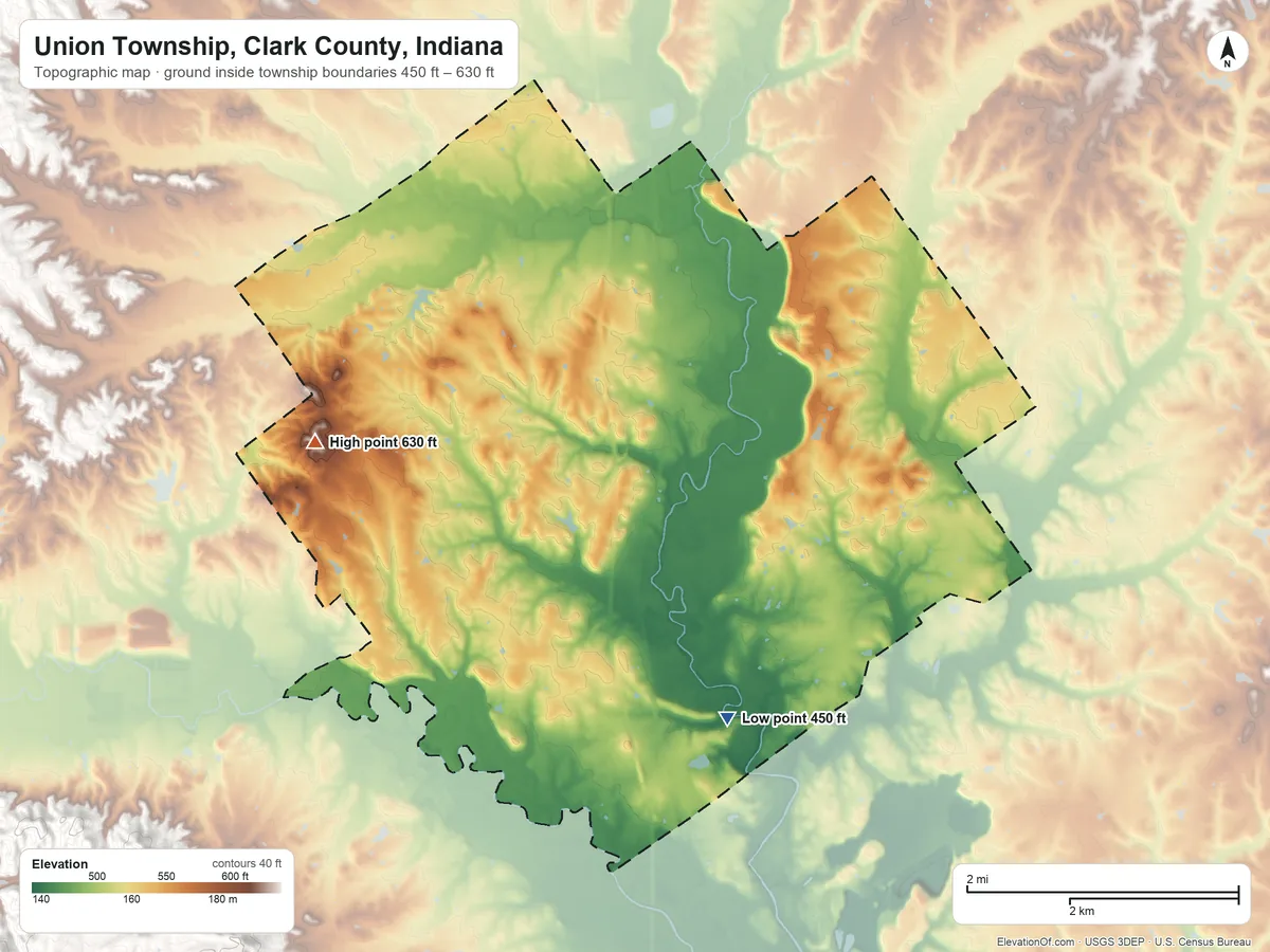 Topographic elevation map of Union Township, Clark County, Indiana, shaded from 450 ft on the southeast side to 630 ft on the west side