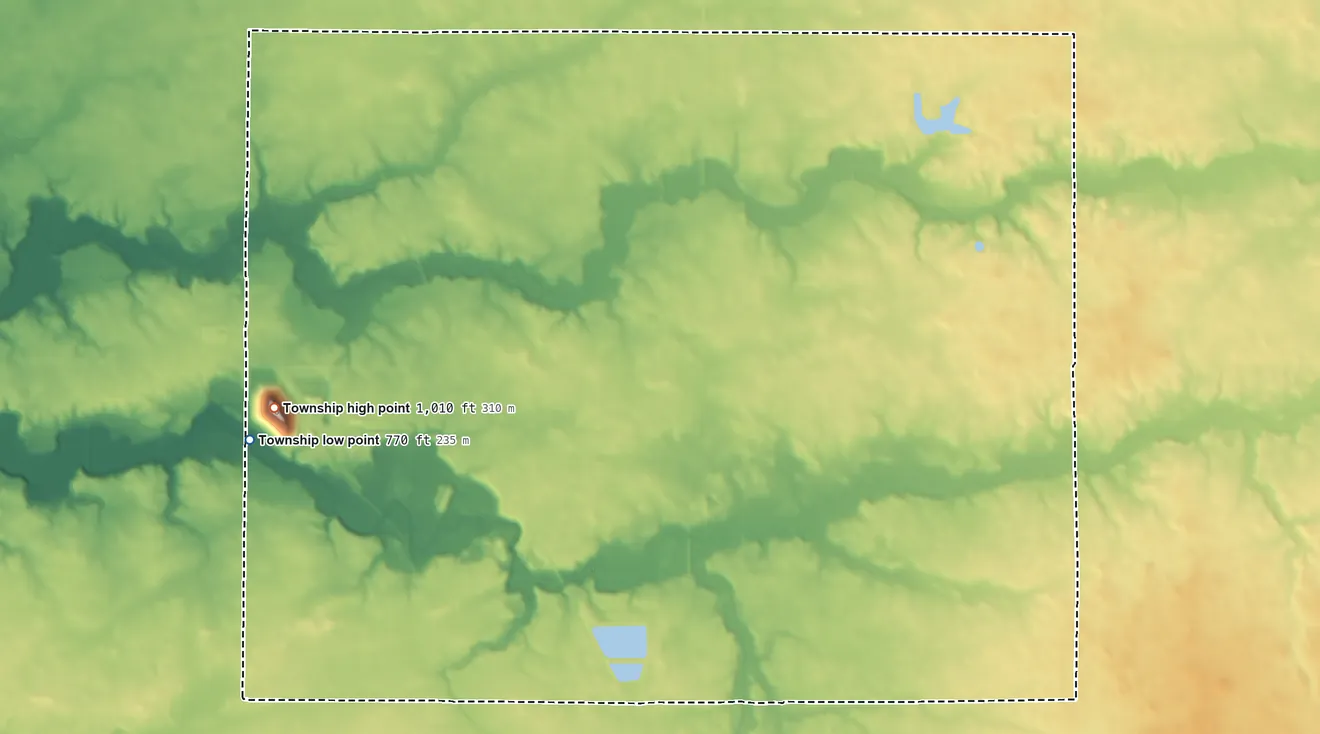 Topographic elevation map of Union Township, Clinton County, Indiana, shaded from 770 ft on the west side to 1,010 ft on the west side