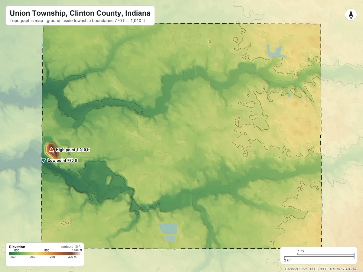 Topographic elevation map of Union Township, Clinton County, Indiana, shaded from 770 ft on the west side to 1,010 ft on the west side