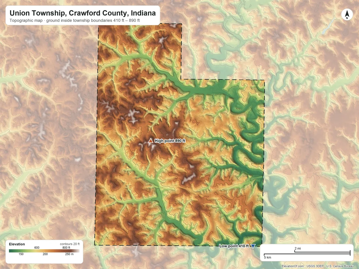 Topographic elevation map of Union Township, Crawford County, Indiana, shaded from 410 ft on the south side to 890 ft on the west side