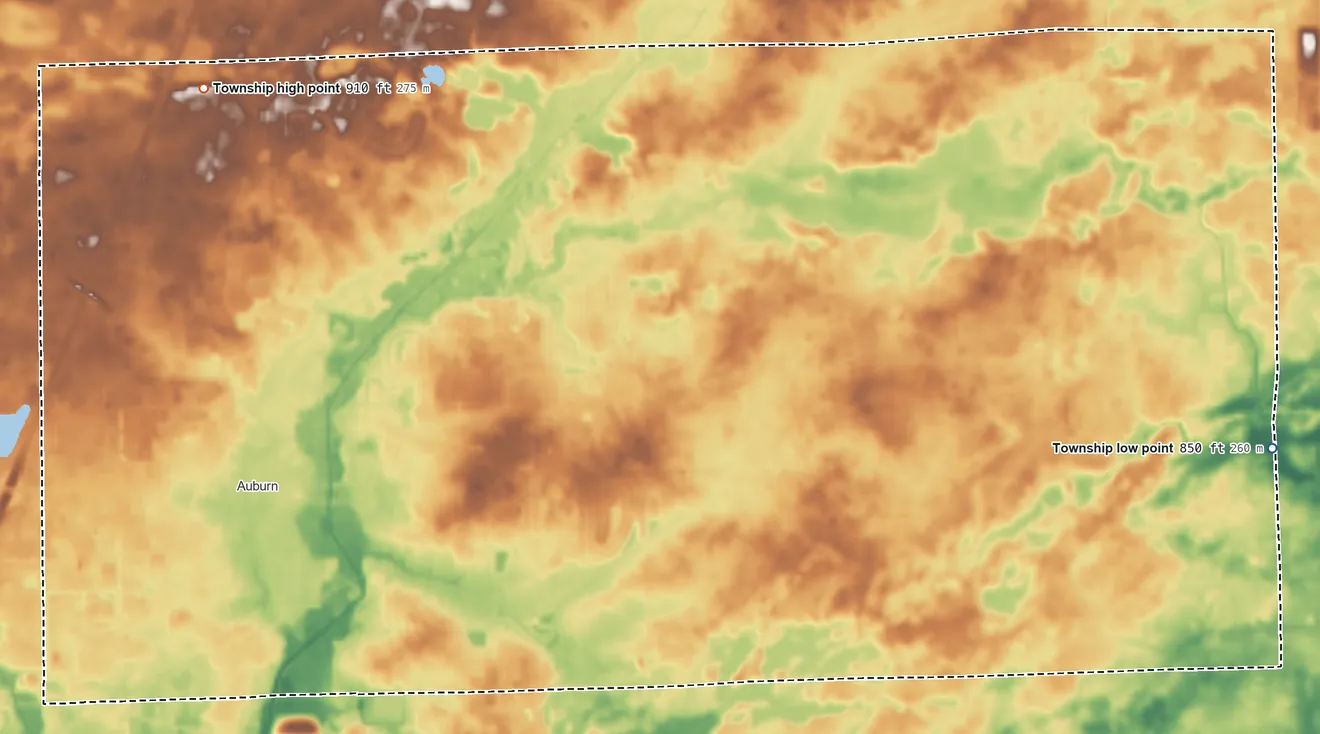 Topographic elevation map of Union Township, DeKalb County, Indiana, shaded from 850 ft on the east side to 910 ft on the northwest side