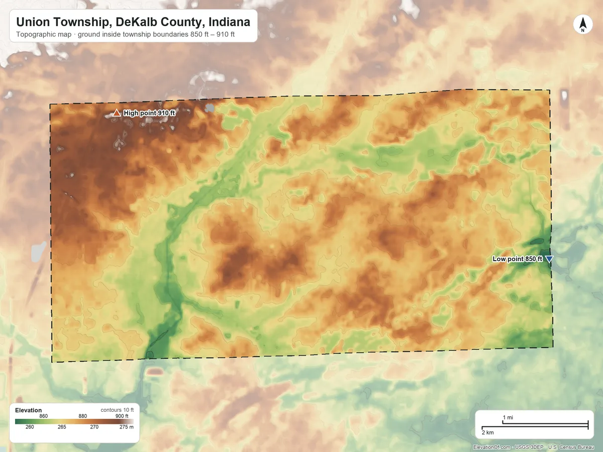 Topographic elevation map of Union Township, DeKalb County, Indiana, shaded from 850 ft on the east side to 910 ft on the northwest side