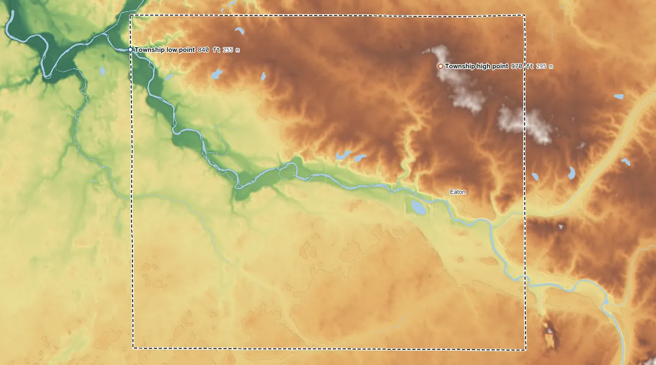 Topographic elevation map of Union Township, Delaware County, Indiana, shaded from 840 ft on the northwest side to 970 ft on the north side