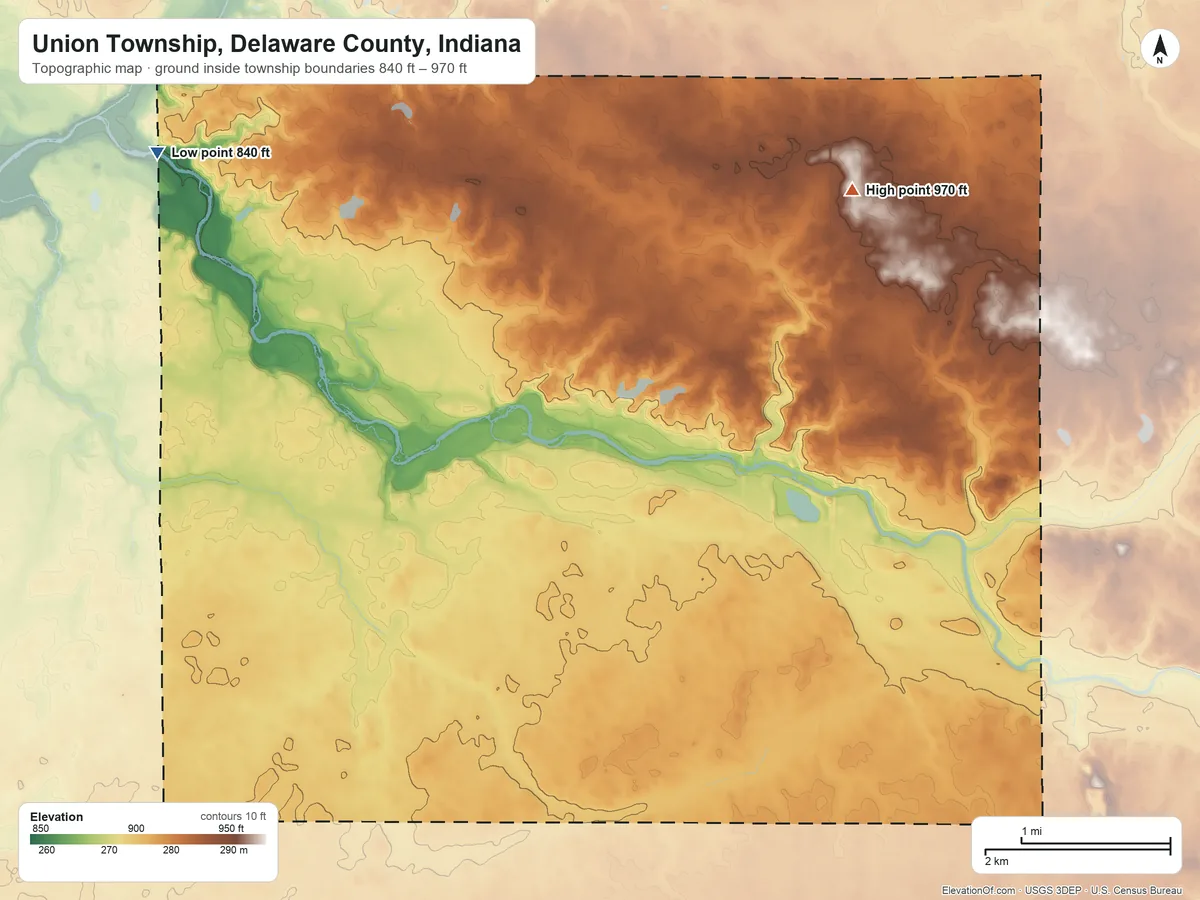 Topographic elevation map of Union Township, Delaware County, Indiana, shaded from 840 ft on the northwest side to 970 ft on the north side