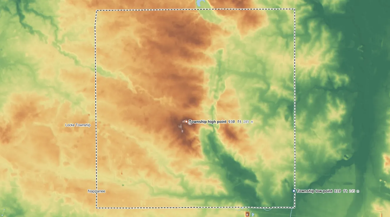 Topographic elevation map of Union Township, Elkhart County, Indiana, shaded from 810 ft on the east side to 930 ft on the northeast side