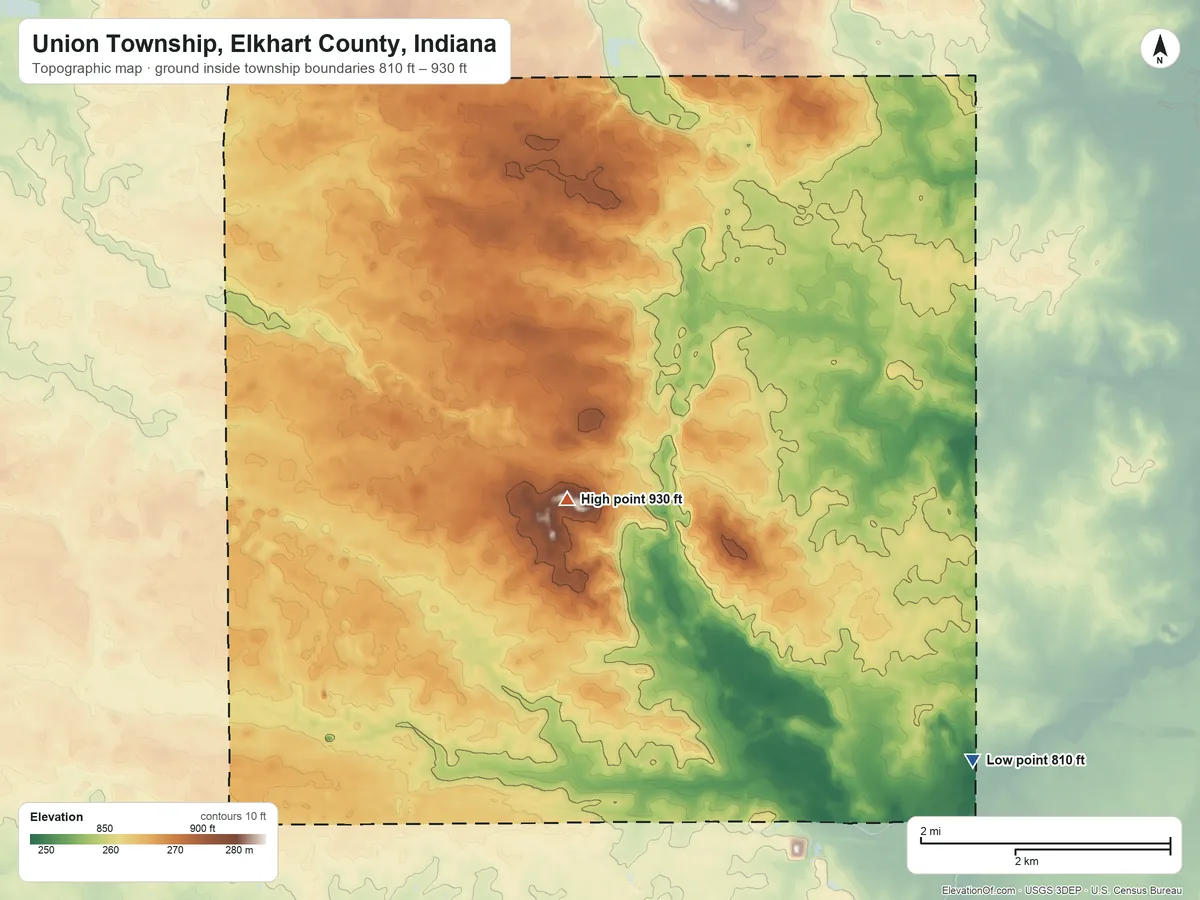 Topographic elevation map of Union Township, Elkhart County, Indiana, shaded from 810 ft on the east side to 930 ft on the northeast side