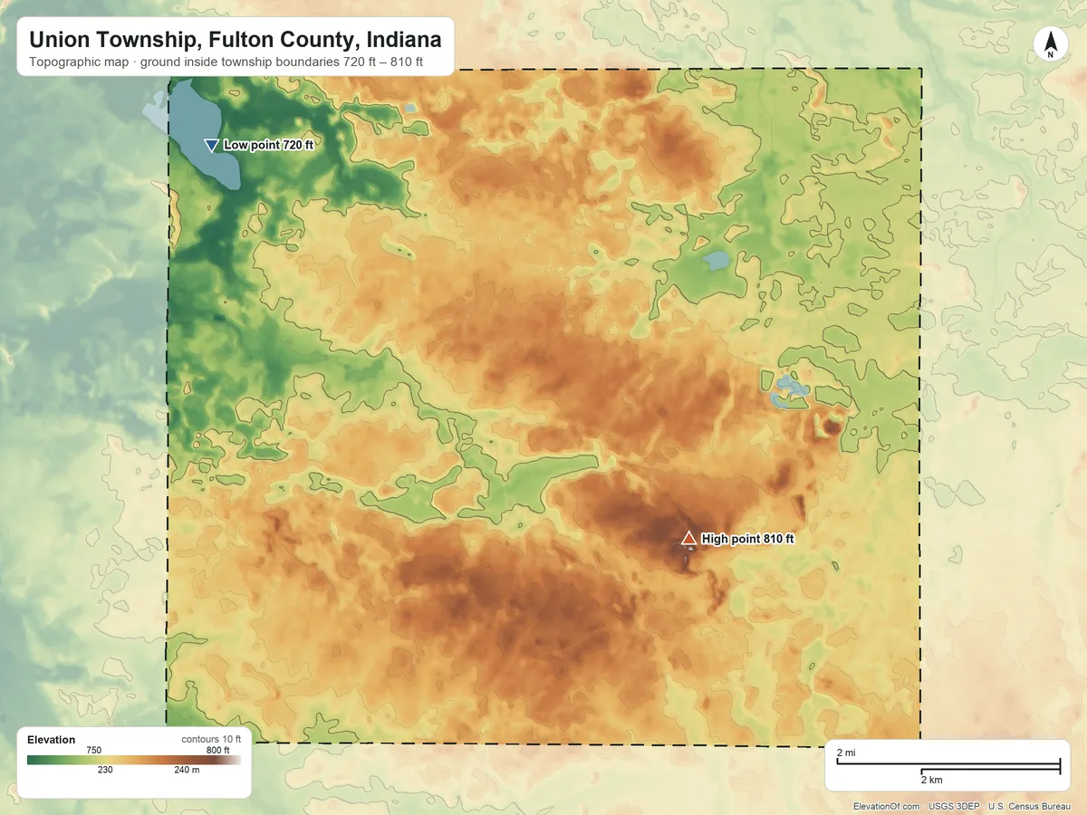 Topographic elevation map of Union Township, Fulton County, Indiana, shaded from 720 ft on the northwest side to 810 ft on the east side
