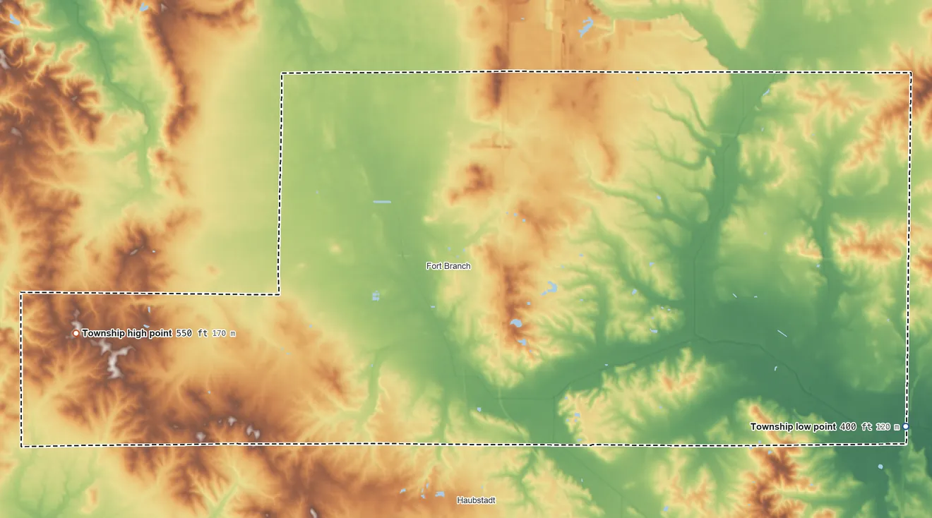 Topographic elevation map of Union Township, Gibson County, Indiana, shaded from 400 ft on the east side to 550 ft on the west side