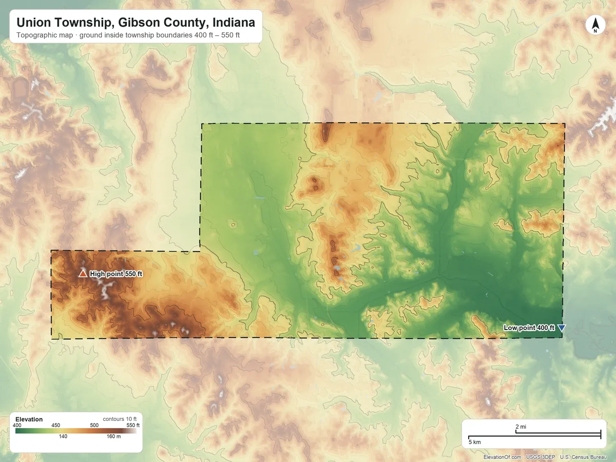 Topographic elevation map of Union Township, Gibson County, Indiana, shaded from 400 ft on the east side to 550 ft on the west side
