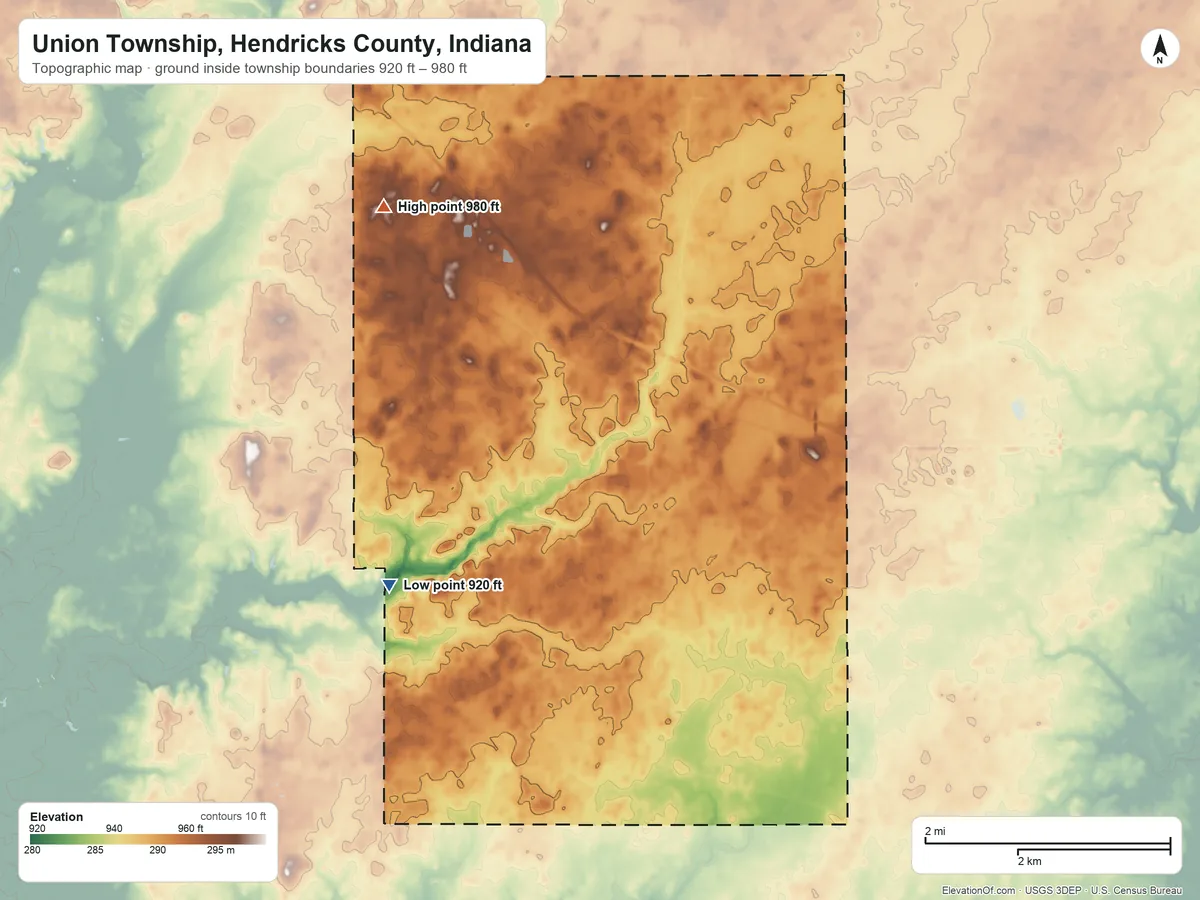 Topographic elevation map of Union Township, Hendricks County, Indiana, shaded from 920 ft on the southwest side to 980 ft on the northwest side