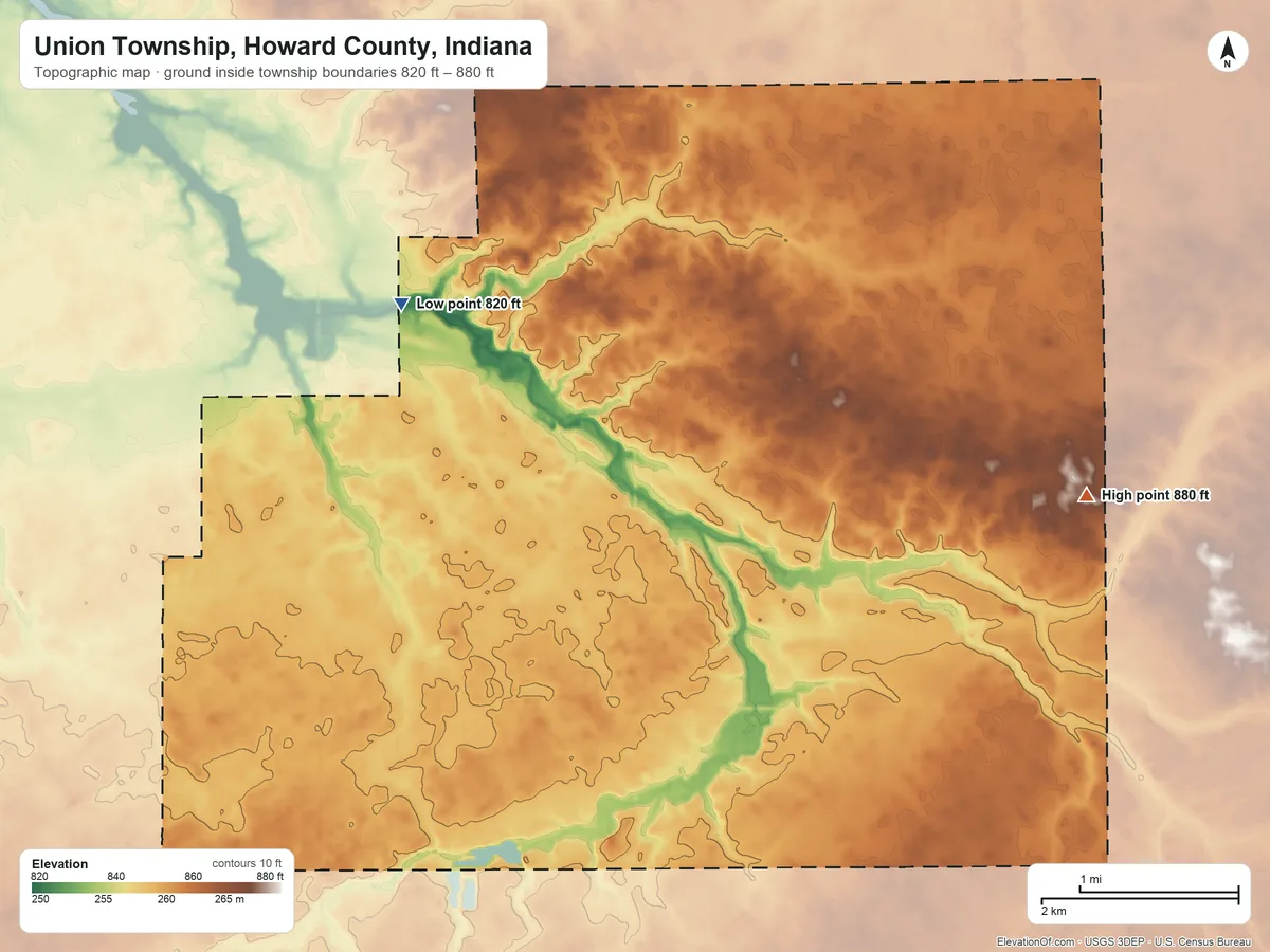 Topographic elevation map of Union Township, Howard County, Indiana, shaded from 820 ft on the northwest side to 880 ft on the east side