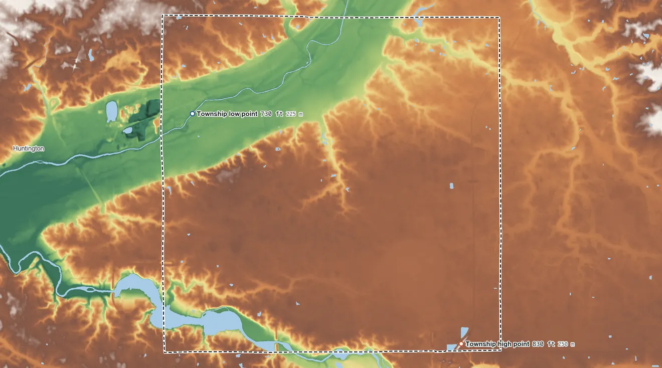 Topographic elevation map of Union Township, Huntington County, Indiana, shaded from 730 ft on the west side to 830 ft on the southeast side