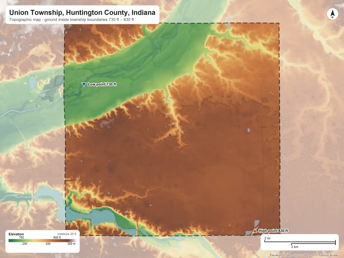 Topographic elevation map of Union Township, Huntington County, Indiana, shaded from 730 ft on the west side to 830 ft on the southeast side