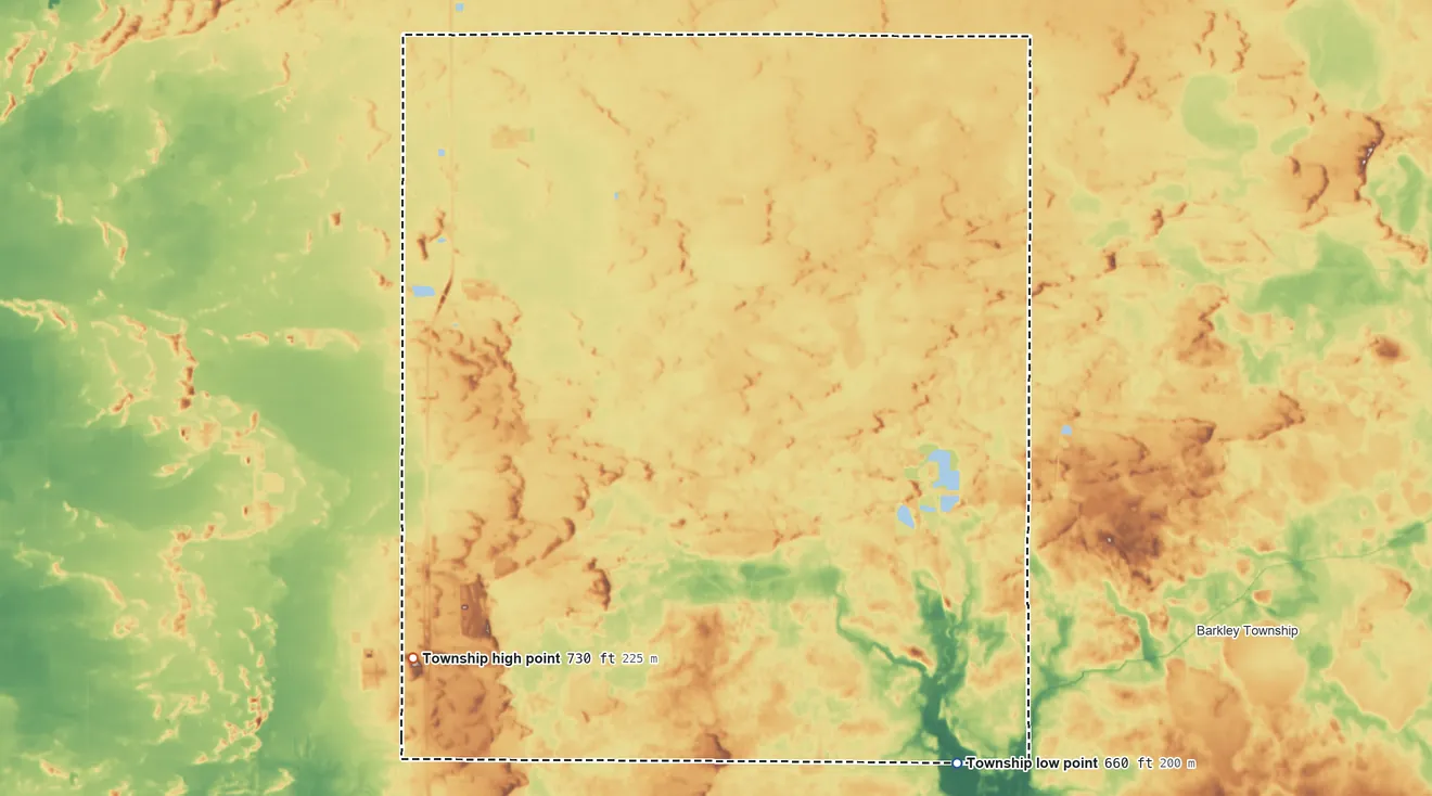 Topographic elevation map of Union Township, Jasper County, Indiana, shaded from 660 ft on the southeast side to 730 ft on the southwest side