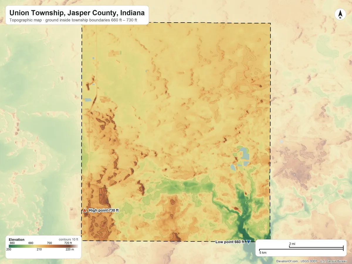 Topographic elevation map of Union Township, Jasper County, Indiana, shaded from 660 ft on the southeast side to 730 ft on the southwest side