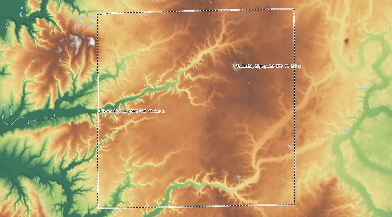 Topographic elevation map of Union Township, Johnson County, Indiana, shaded from 690 ft on the west side to 870 ft on the northeast side