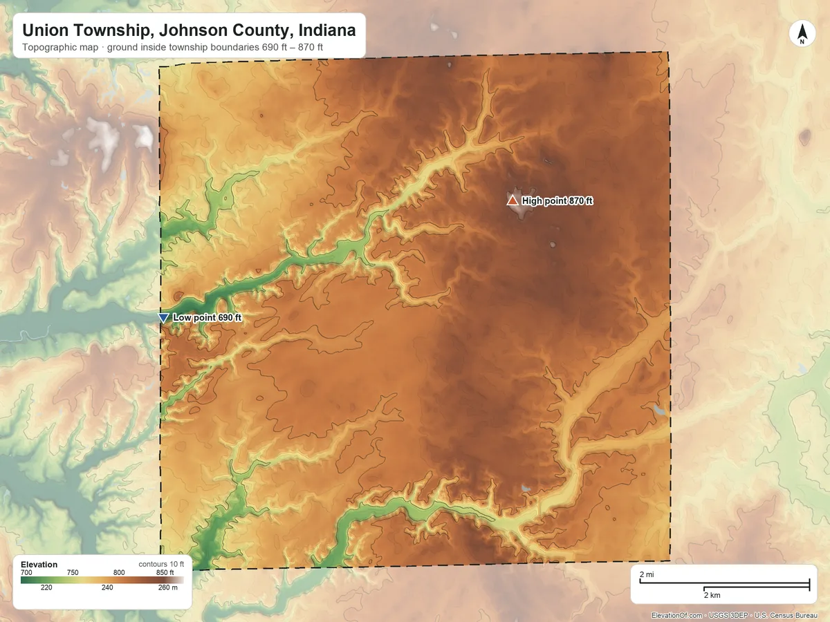 Topographic elevation map of Union Township, Johnson County, Indiana, shaded from 690 ft on the west side to 870 ft on the northeast side