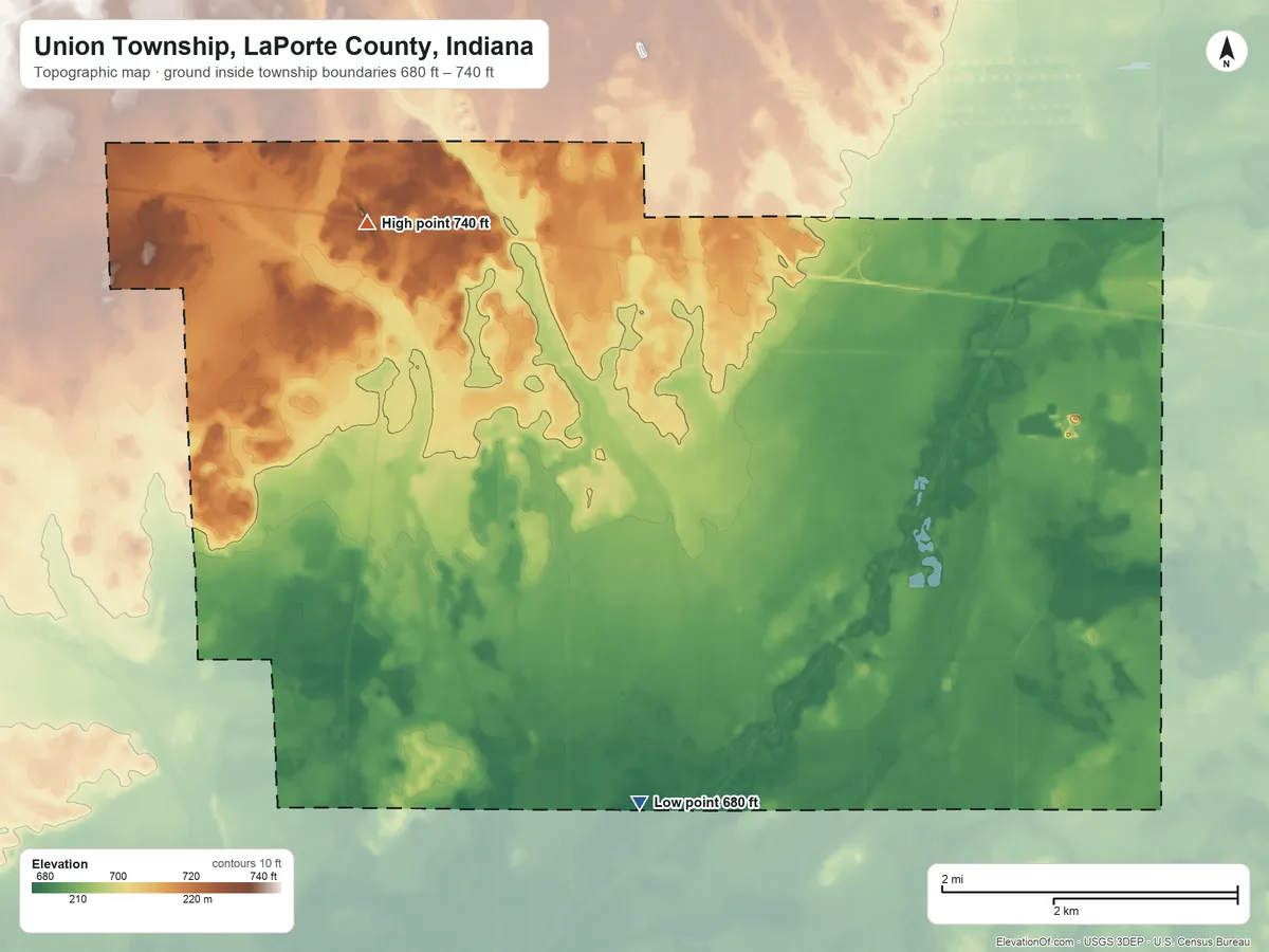 Topographic elevation map of Union Township, LaPorte County, Indiana, shaded from 680 ft on the southeast side to 740 ft near the middle