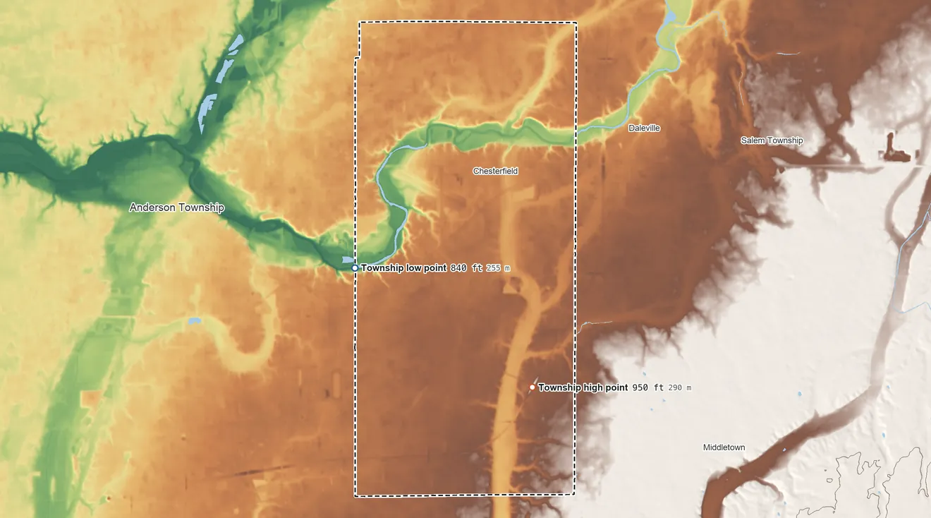 Topographic elevation map of Union Township, Madison County, Indiana, shaded from 840 ft on the southwest side to 950 ft on the south side
