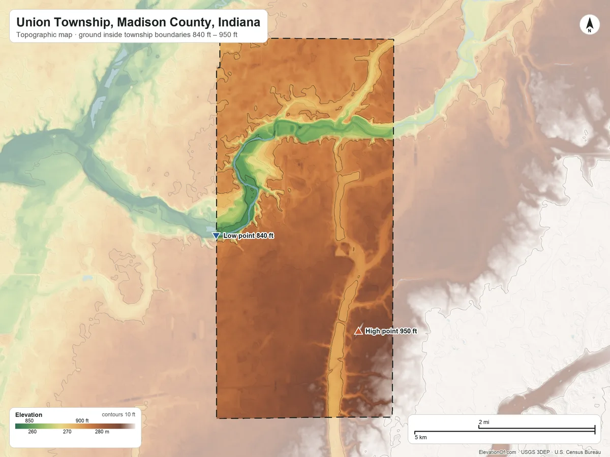 Topographic elevation map of Union Township, Madison County, Indiana, shaded from 840 ft on the southwest side to 950 ft on the south side