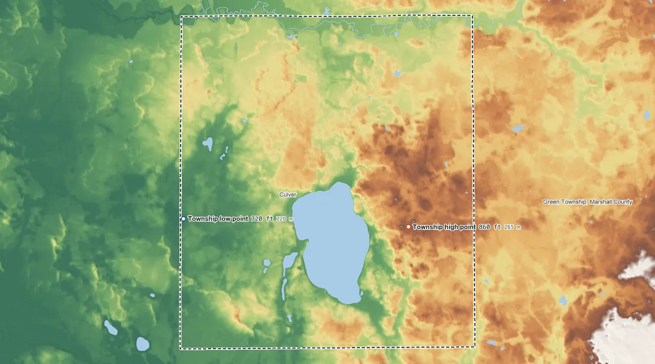 Topographic elevation map of Union Township, Marshall County, Indiana, shaded from 720 ft on the west side to 860 ft on the southeast side