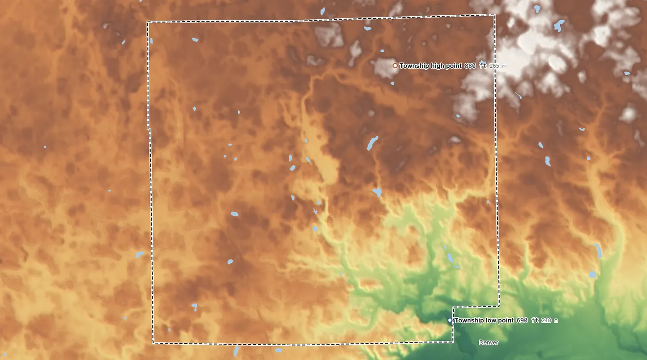 Topographic elevation map of Union Township, Miami County, Indiana, shaded from 690 ft on the southeast side to 880 ft on the northeast side