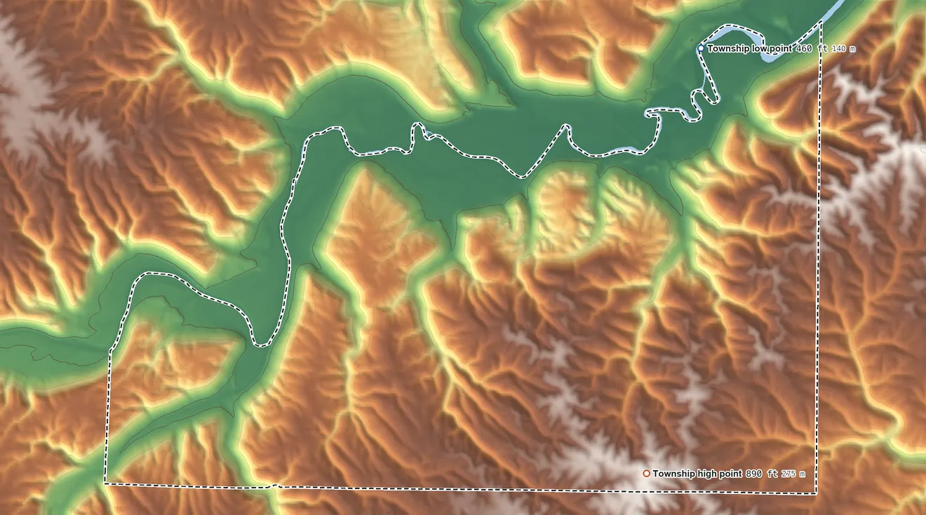 Topographic elevation map of Union Township, Ohio County, Indiana, shaded from 460 ft on the northeast side to 890 ft on the southeast side