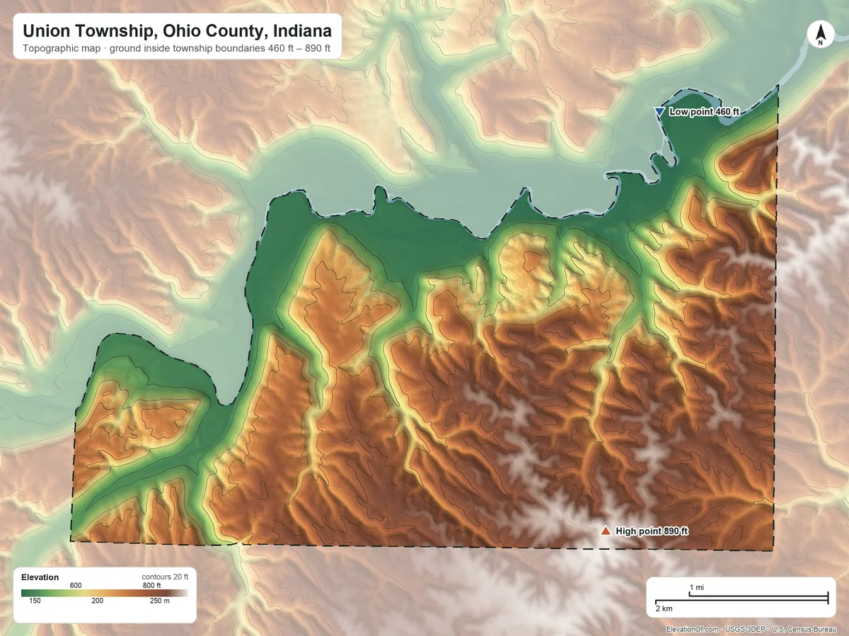 Topographic elevation map of Union Township, Ohio County, Indiana, shaded from 460 ft on the northeast side to 890 ft on the southeast side