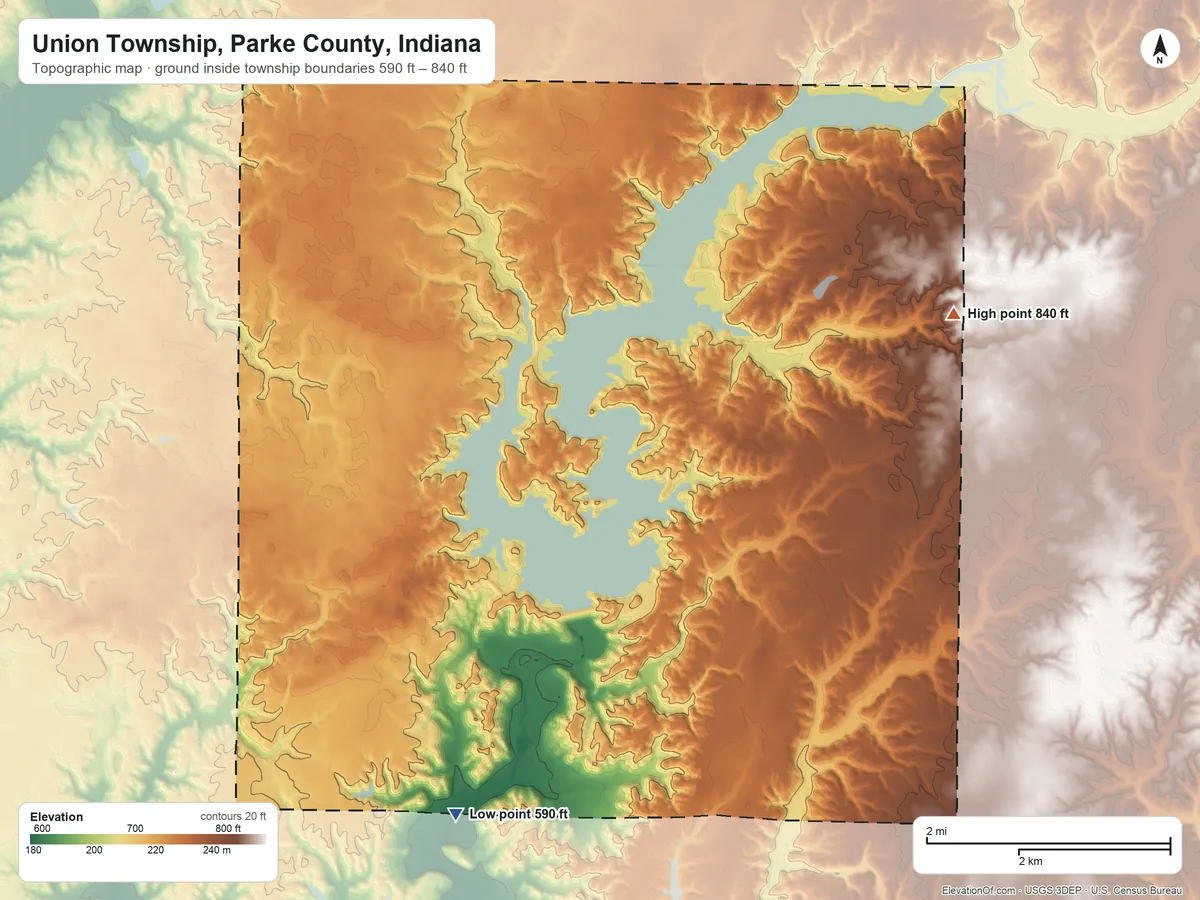 Topographic elevation map of Union Township, Parke County, Indiana, shaded from 590 ft on the southwest side to 840 ft on the east side