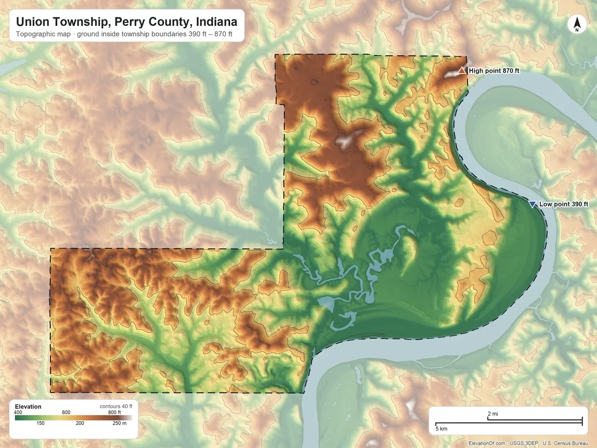 Topographic elevation map of Union Township, Perry County, Indiana, shaded from 390 ft on the east side to 870 ft on the northeast side