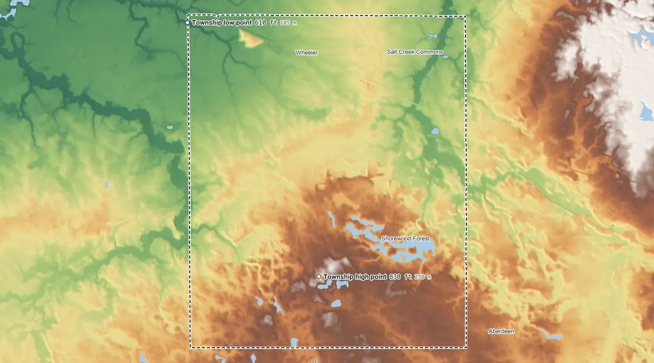 Topographic elevation map of Union Township, Porter County, Indiana, shaded from 610 ft on the northwest side to 830 ft on the south side