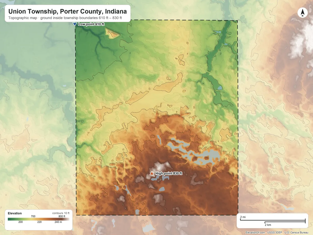 Topographic elevation map of Union Township, Porter County, Indiana, shaded from 610 ft on the northwest side to 830 ft on the south side