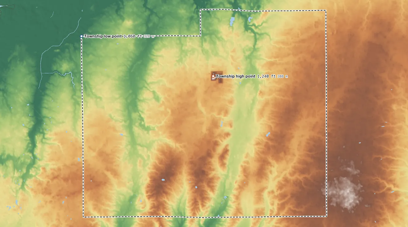 Topographic elevation map of Union Township, Randolph County, Indiana, shaded from 1,060 ft on the northwest side to 1,240 ft on the north side