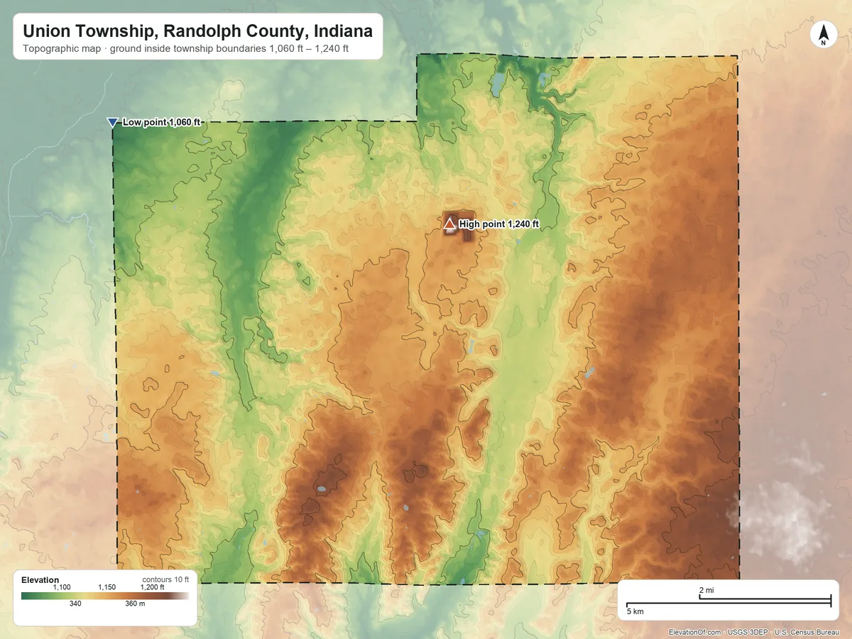 Topographic elevation map of Union Township, Randolph County, Indiana, shaded from 1,060 ft on the northwest side to 1,240 ft on the north side