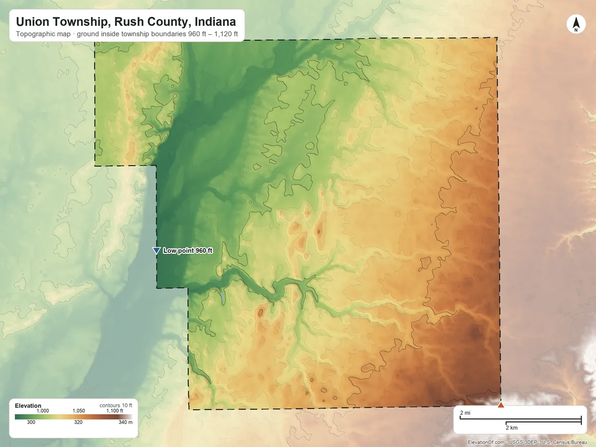 Topographic elevation map of Union Township, Rush County, Indiana, shaded from 960 ft on the west side to 1,120 ft on the southeast side