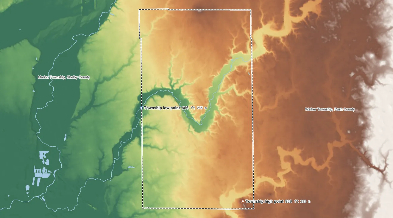 Topographic elevation map of Union Township, Shelby County, Indiana, shaded from 800 ft on the west side to 930 ft on the south side