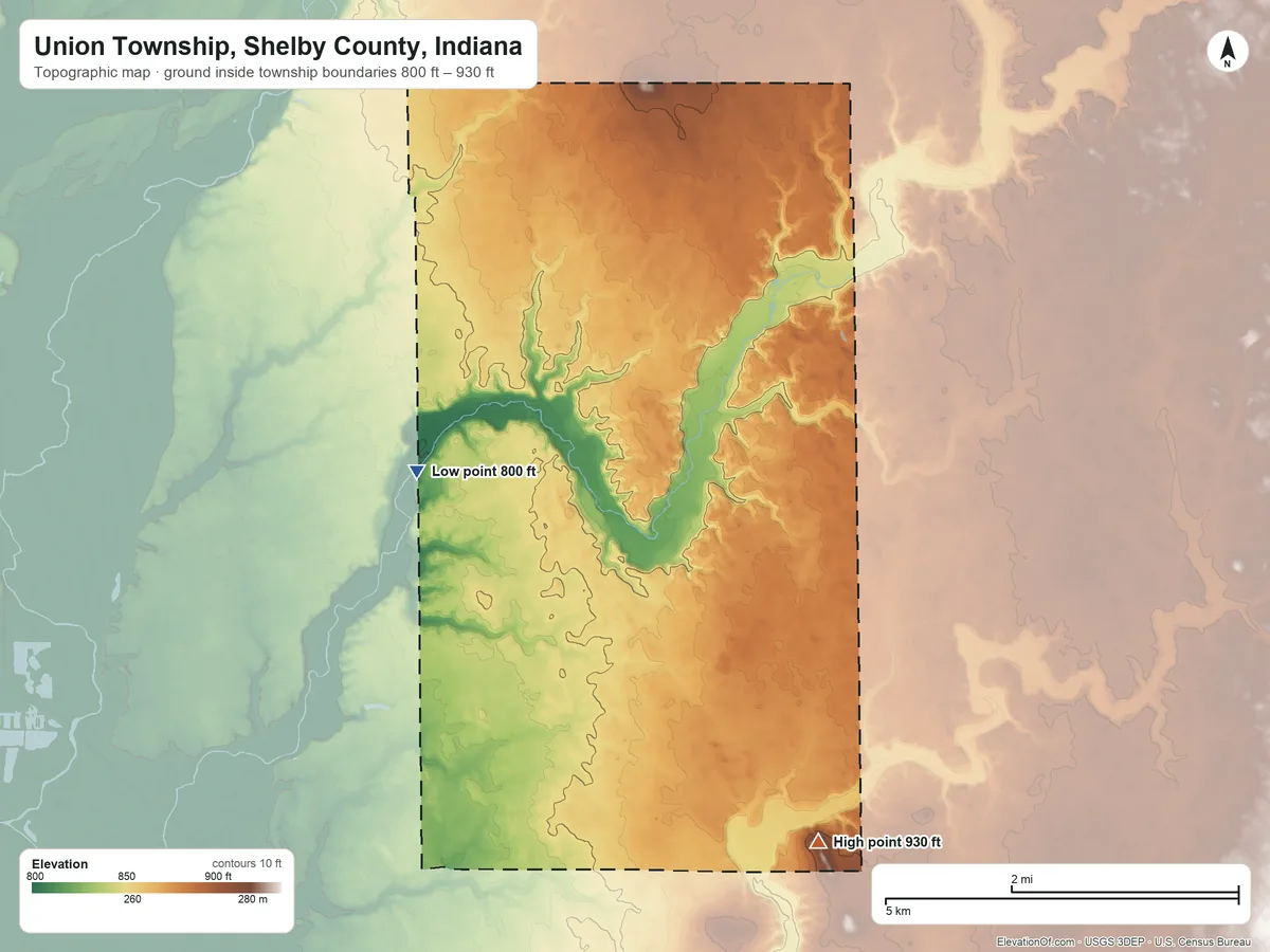 Topographic elevation map of Union Township, Shelby County, Indiana, shaded from 800 ft on the west side to 930 ft on the south side
