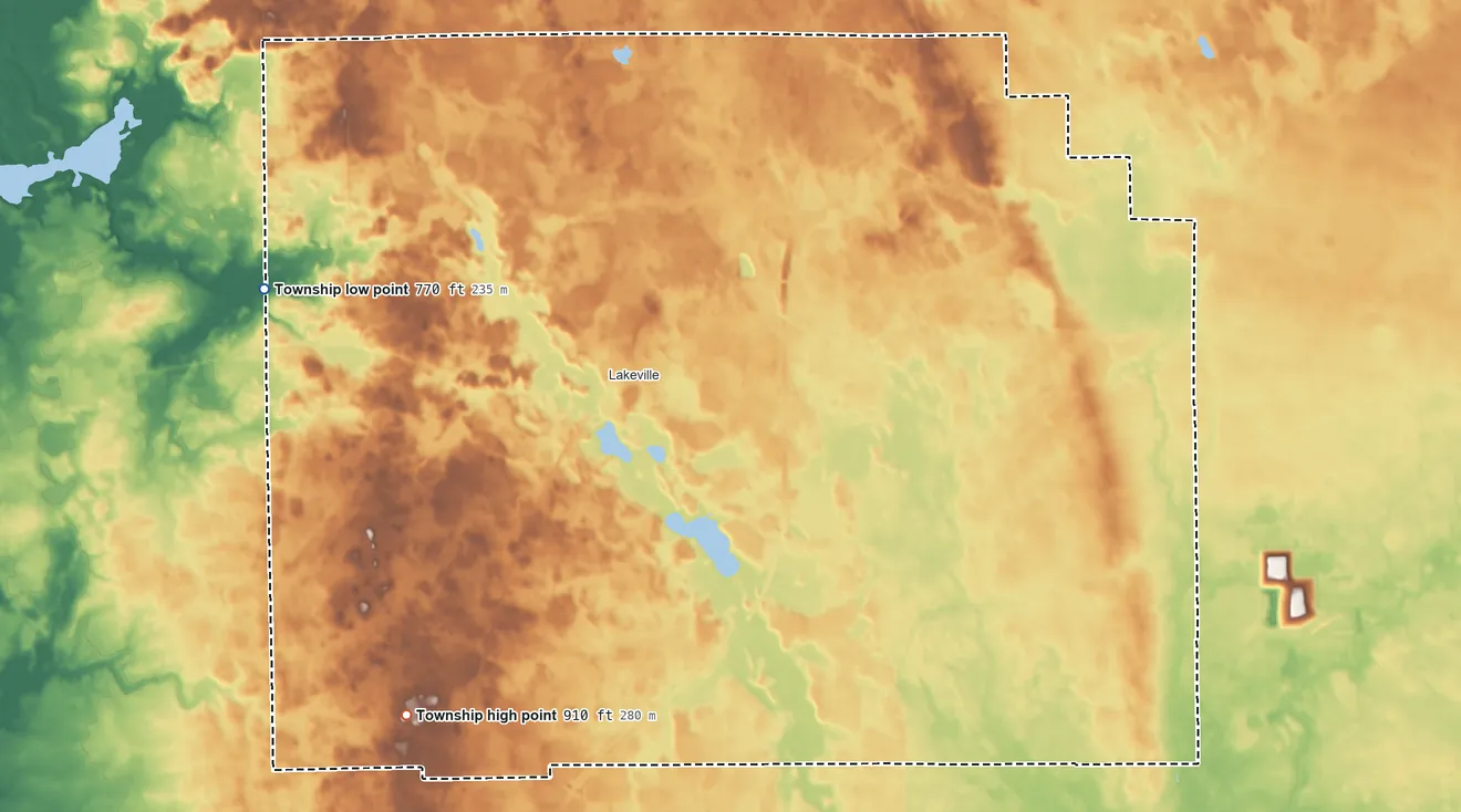 Topographic elevation map of Union Township, St. Joseph County, Indiana, shaded from 770 ft on the west side to 910 ft on the southwest side
