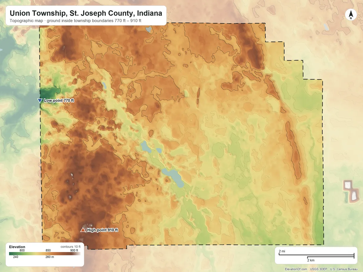 Topographic elevation map of Union Township, St. Joseph County, Indiana, shaded from 770 ft on the west side to 910 ft on the southwest side