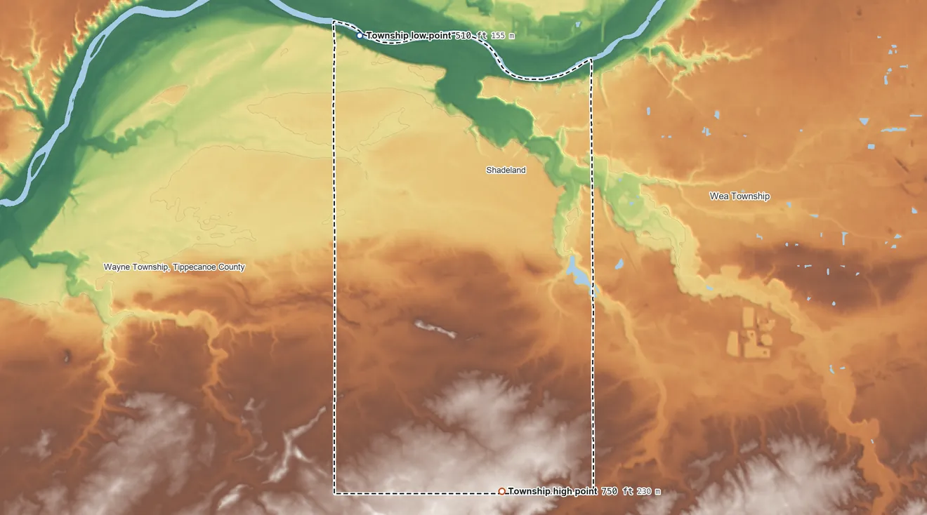 Topographic elevation map of Union Township, Tippecanoe County, Indiana, shaded from 510 ft on the northwest side to 750 ft on the south side