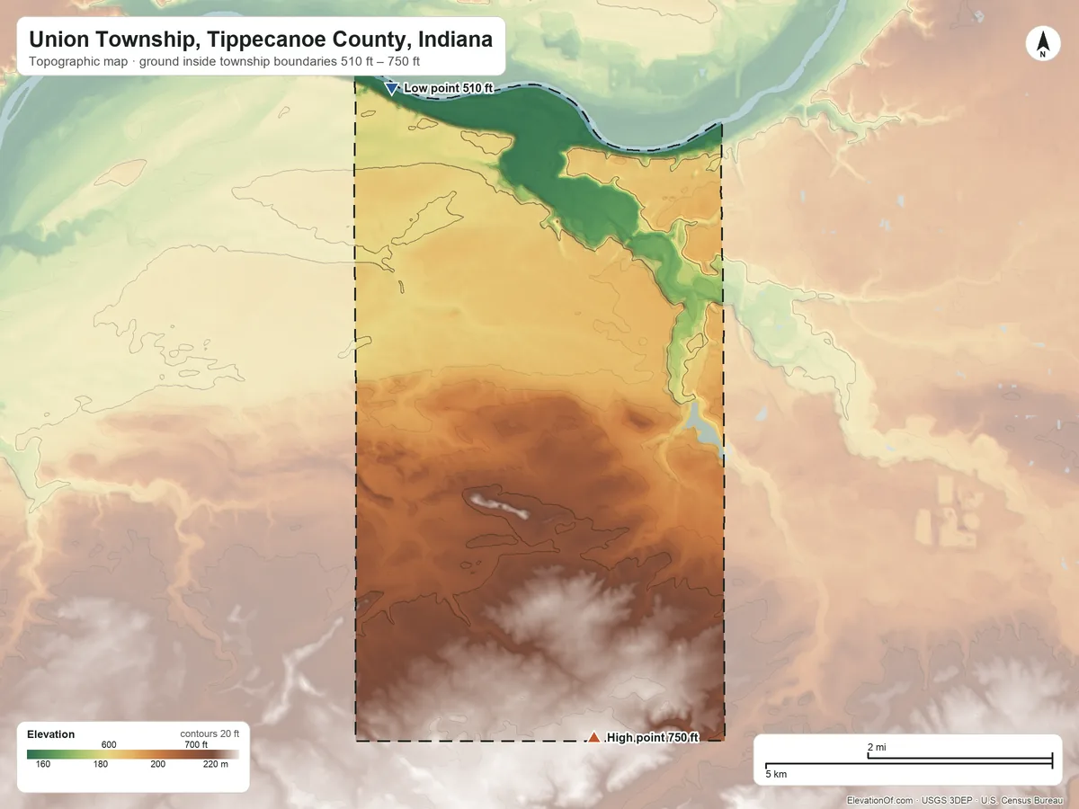 Topographic elevation map of Union Township, Tippecanoe County, Indiana, shaded from 510 ft on the northwest side to 750 ft on the south side