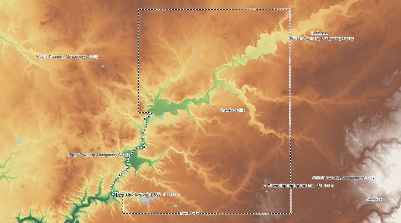 Topographic elevation map of Union Township, Indiana, shaded from 600 ft on the southwest side to 900 ft on the southeast side