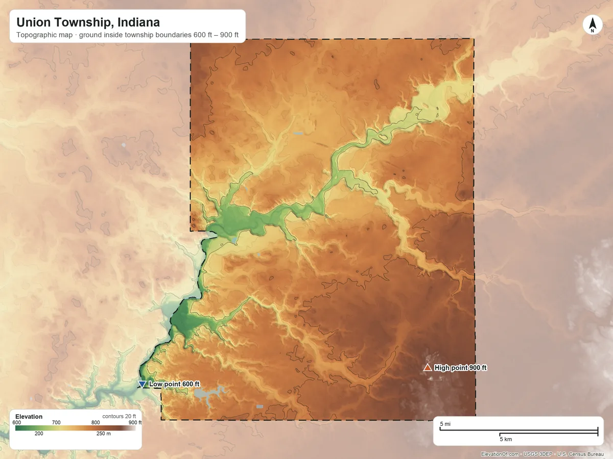 Topographic elevation map of Union Township, Indiana, shaded from 600 ft on the southwest side to 900 ft on the southeast side