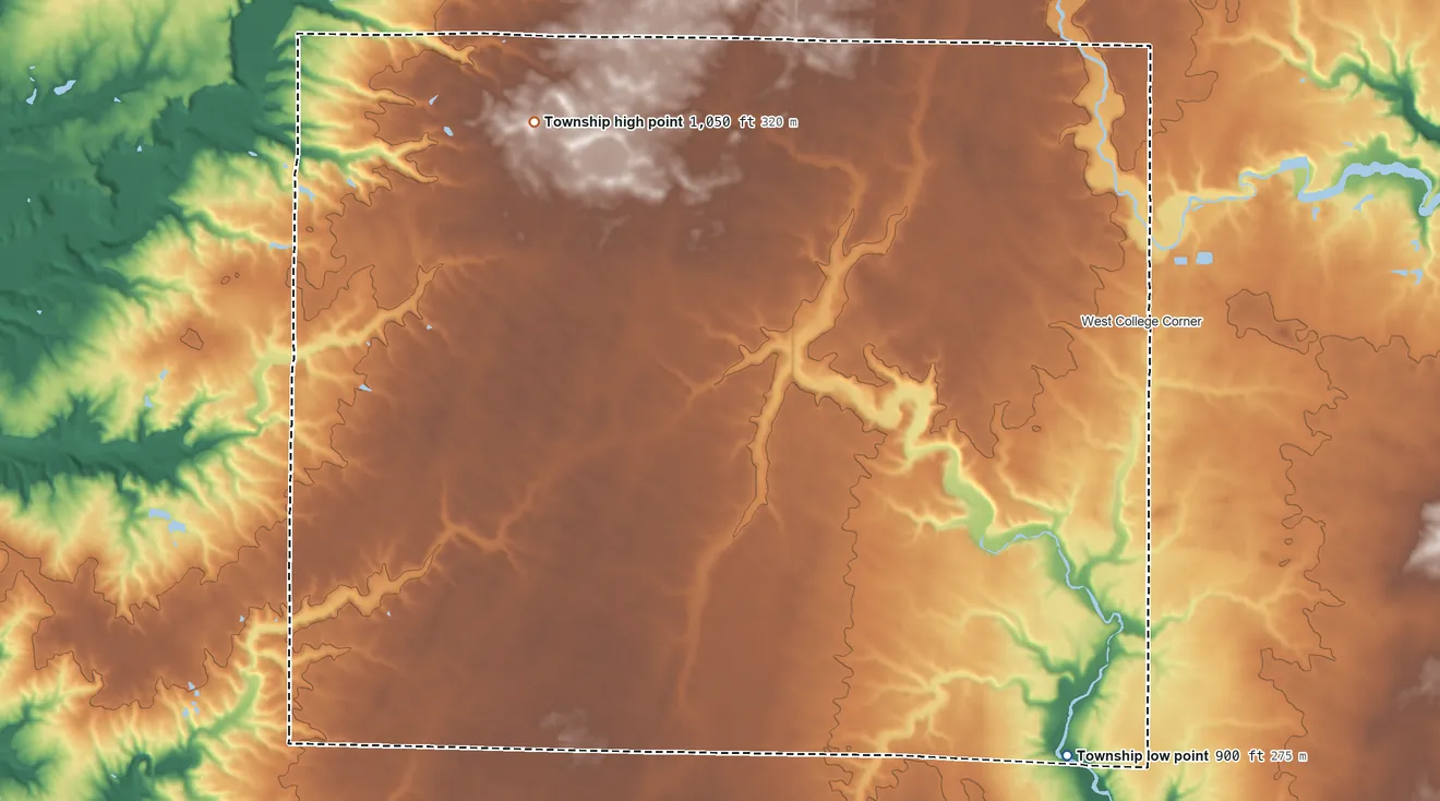 Topographic elevation map of Union Township, Union County, Indiana, shaded from 900 ft on the south side to 1,050 ft on the northwest side