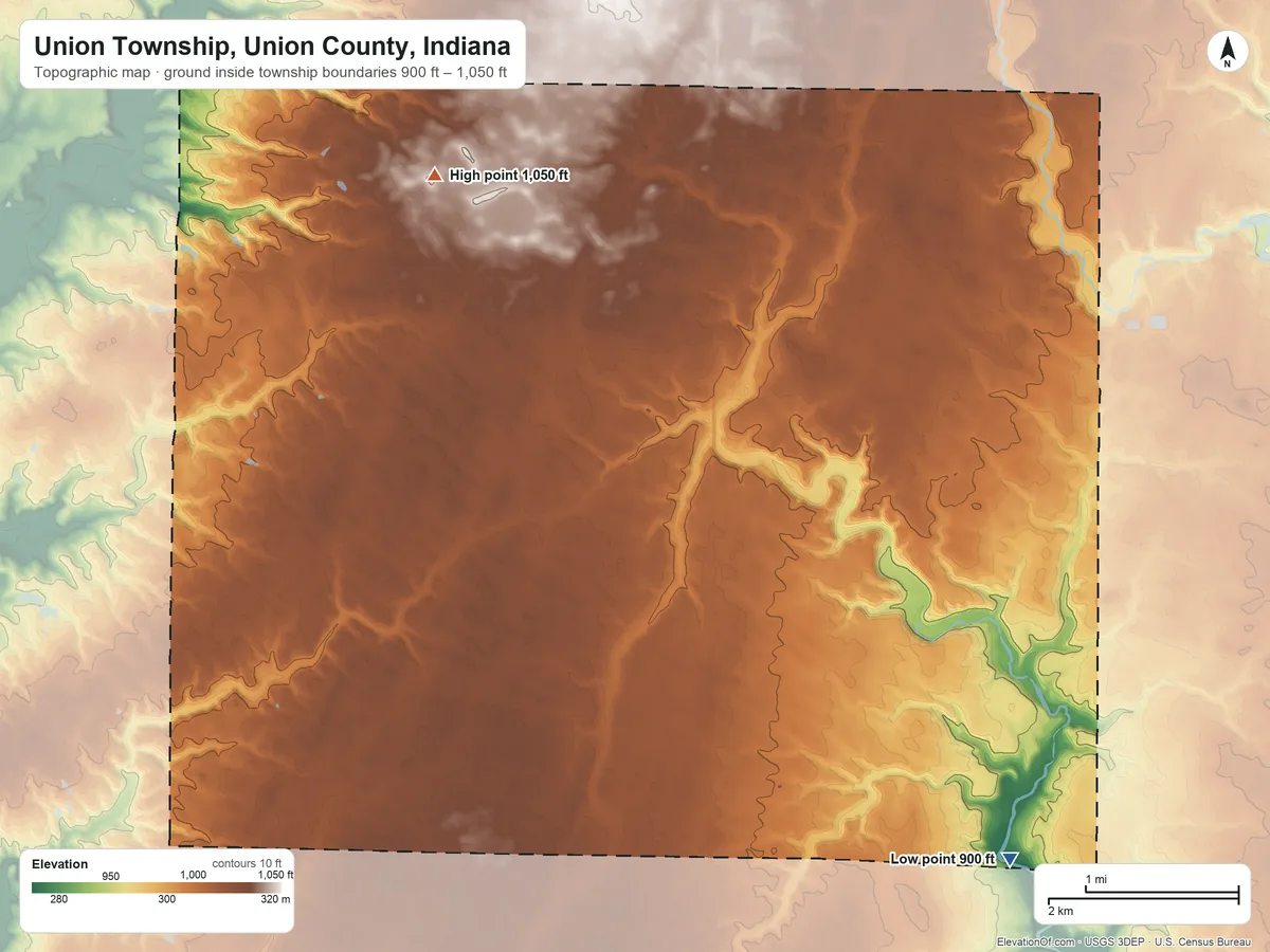Topographic elevation map of Union Township, Union County, Indiana, shaded from 900 ft on the south side to 1,050 ft on the northwest side